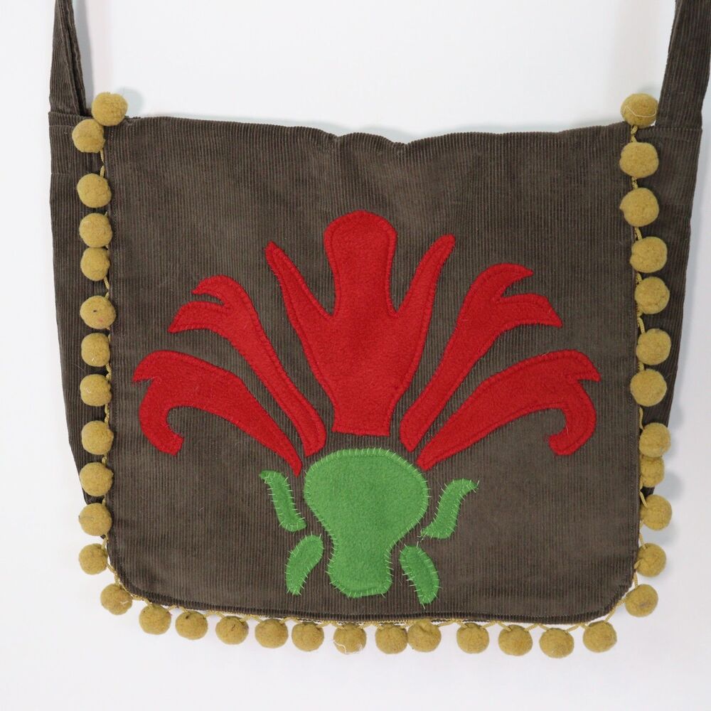 Corduroy and Felt Bohemian Pom Pom Passport Crossbody Bag - Picture 2 of 7